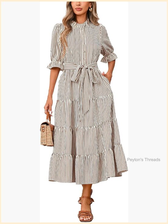 Dresses & Skirts - Striped Ruffle Collar Maxi Dress Half Sleeve Button Down Flowy Beach Vacation